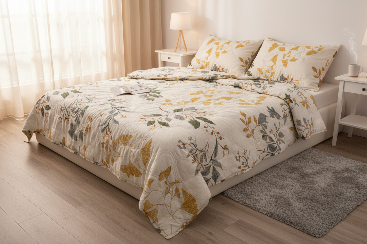 Royce Ginkgo Botanical Comforter draped on a bed in a cozy modern bedroom