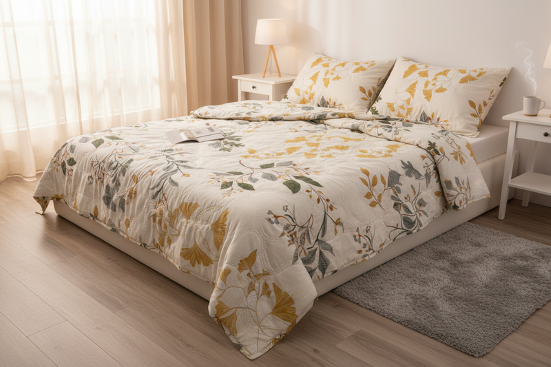Royce Ginkgo Botanical Comforter draped on a bed in a cozy modern bedroom