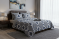 Desire Aztec Geometric Grey Blue Bedsheet Set styled on king bed