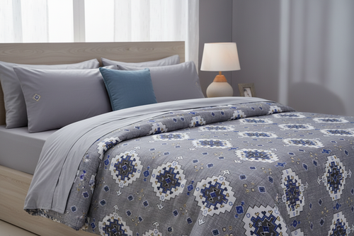 Desire Aztec Geometric Grey Blue Bedsheet Set close-up lifestyle