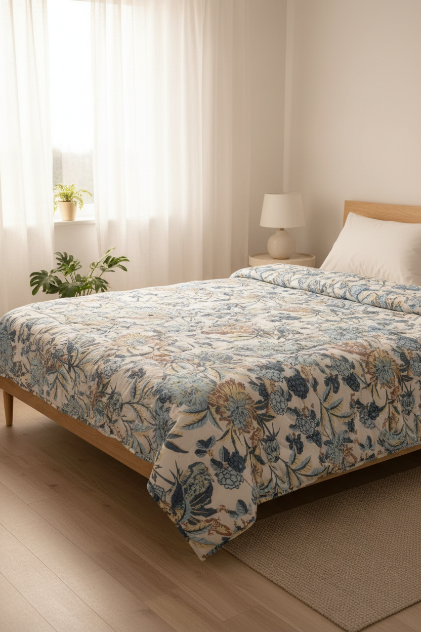 Prima Blue Floral Comforter styled in a bright airy bedroom
