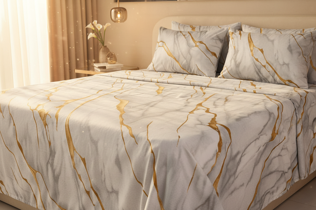 Marble Texture White Gold Bedsheet Set close-up lifestyle