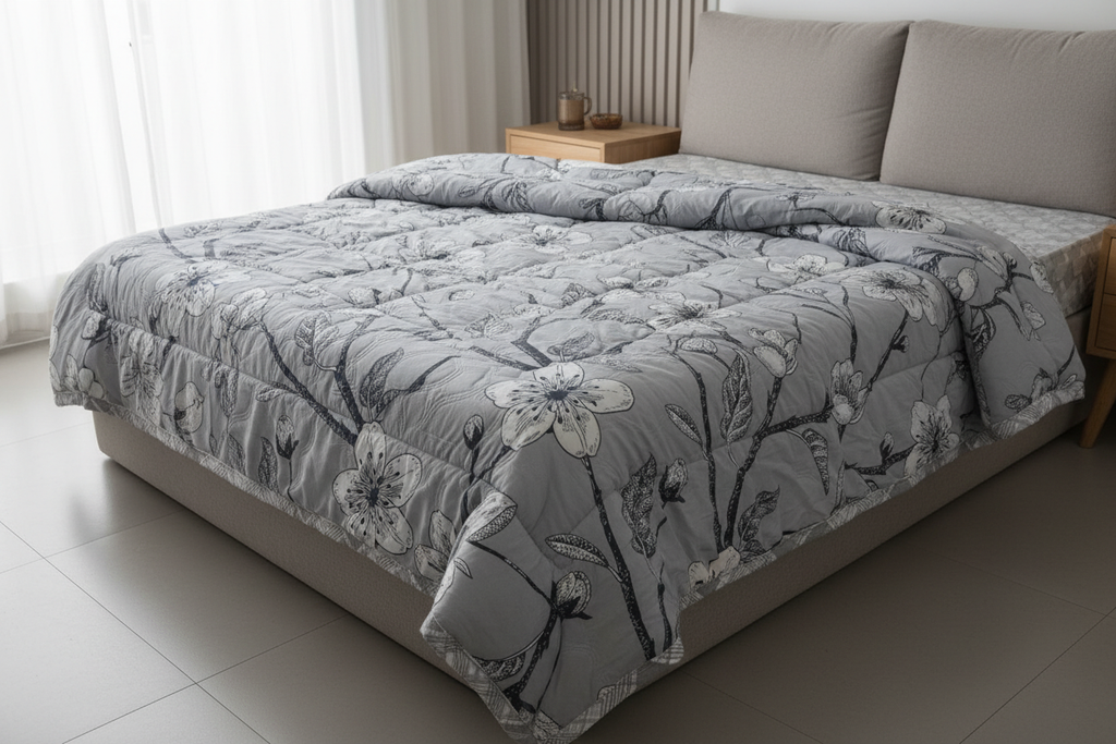 Royce Grey Blossom Comforter draped on a bed in a modern bedroom