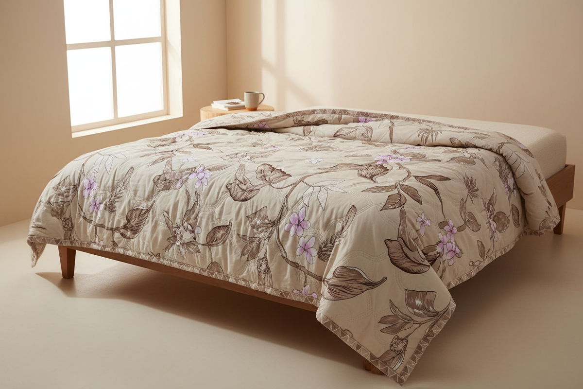 Elegance Botanical Bloom Comforter draped on a bed in a cozy modern bedroom