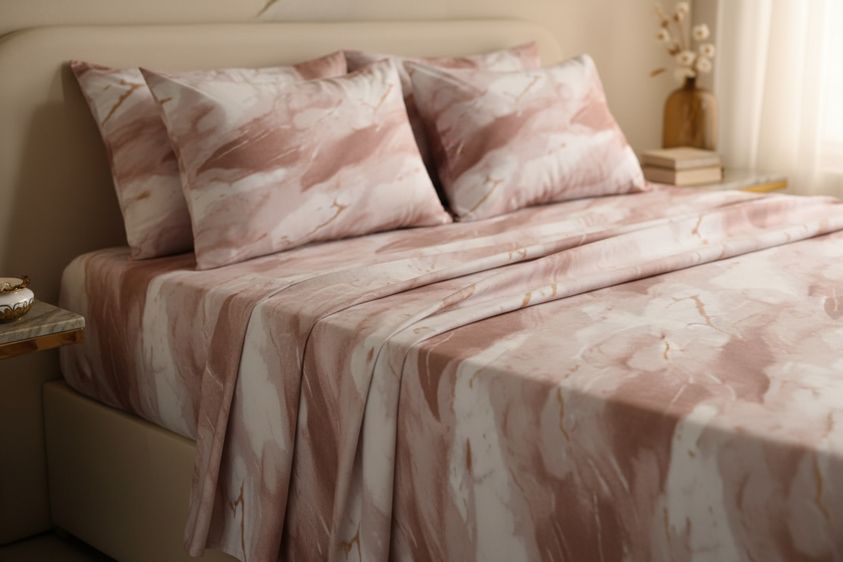 Marble Texture Pink Rose Bedsheet Set close-up lifestyle