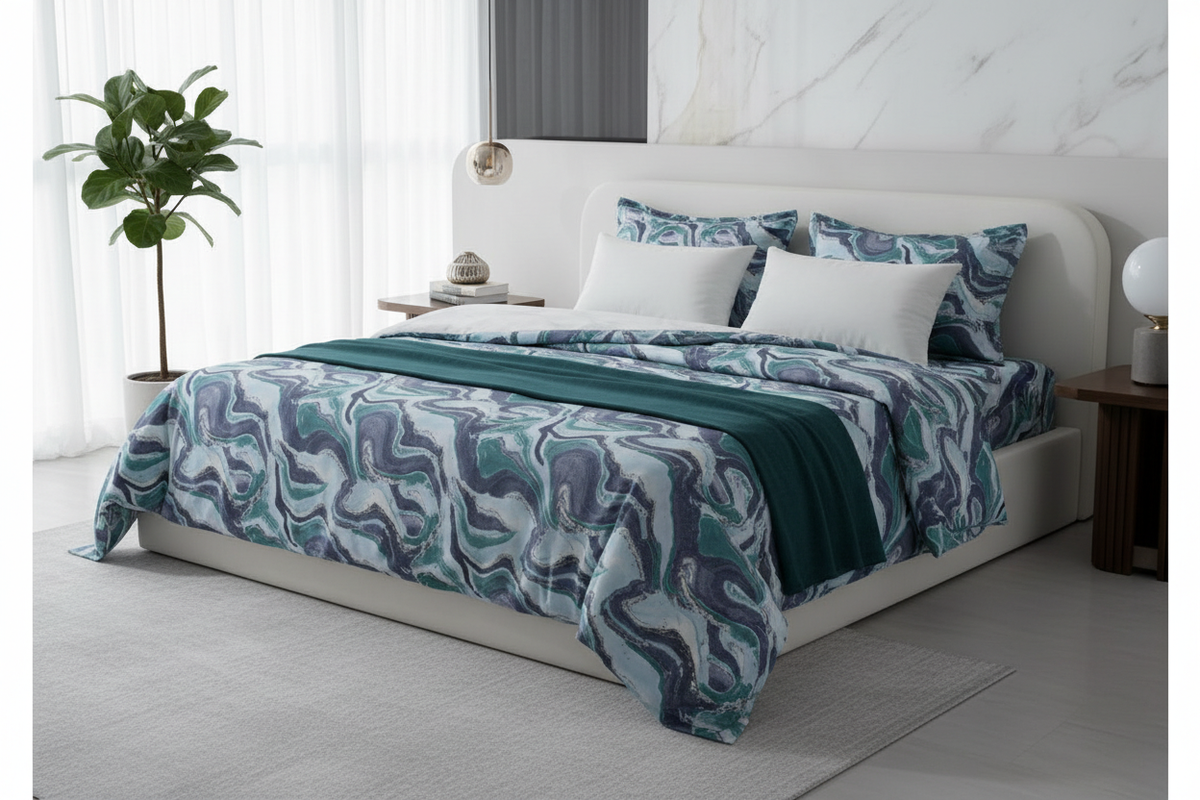Marble Texture Teal Purple Bedsheet Set styled on king bed