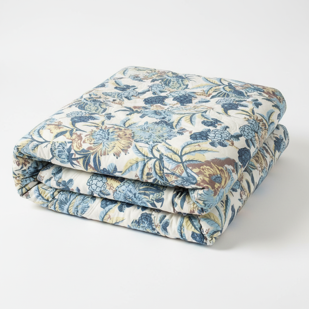 Close-up of Prima Blue Floral Comforter showing fabric texture and print detail