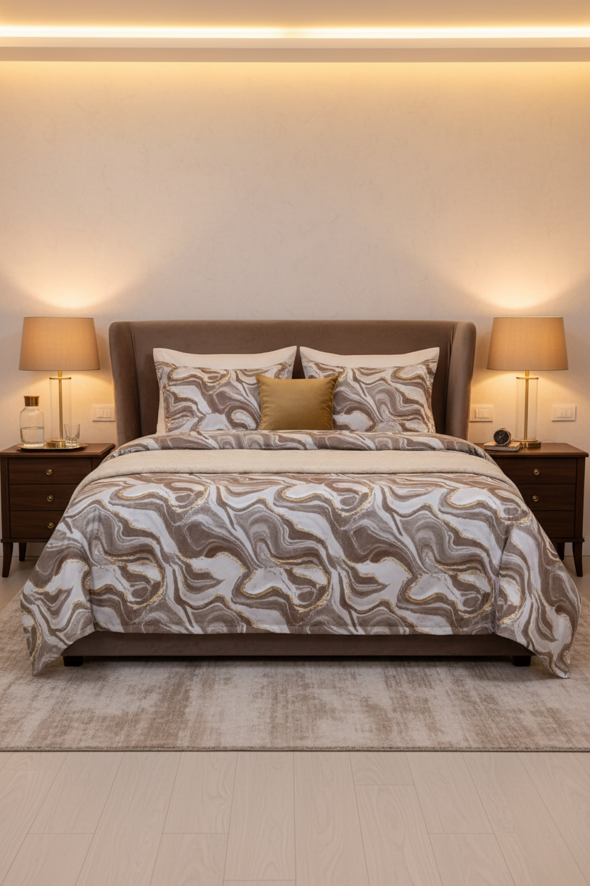 Brown Gold Marble Texture Bedsheet Set in an elegant bedroom