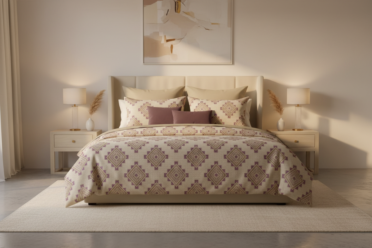 Desire Geometric Beige Mauve Bedsheet Set styled on king bed