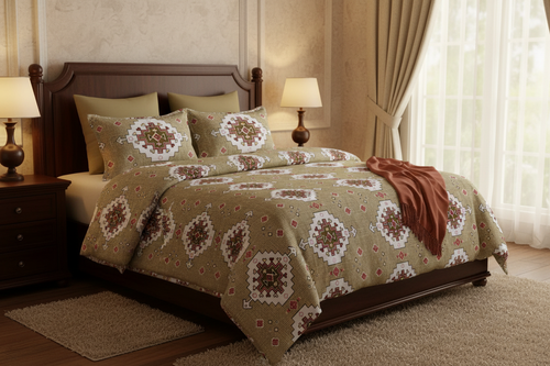 Desire Aztec Medallion Khaki Olive Bedsheet Set styled on king bed