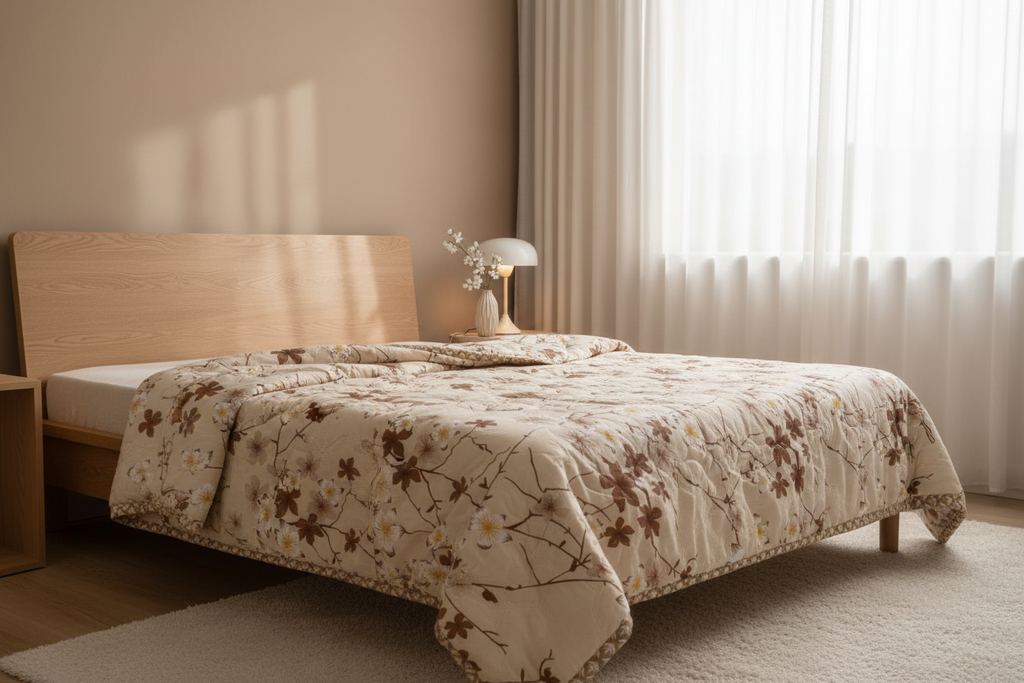 Prima Cherry Blossom Comforter draped on a bed in a cozy bedroom