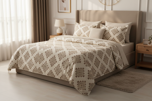 Desire Aztec Geometric Cream Olive Bedsheet Set styled on king bed
