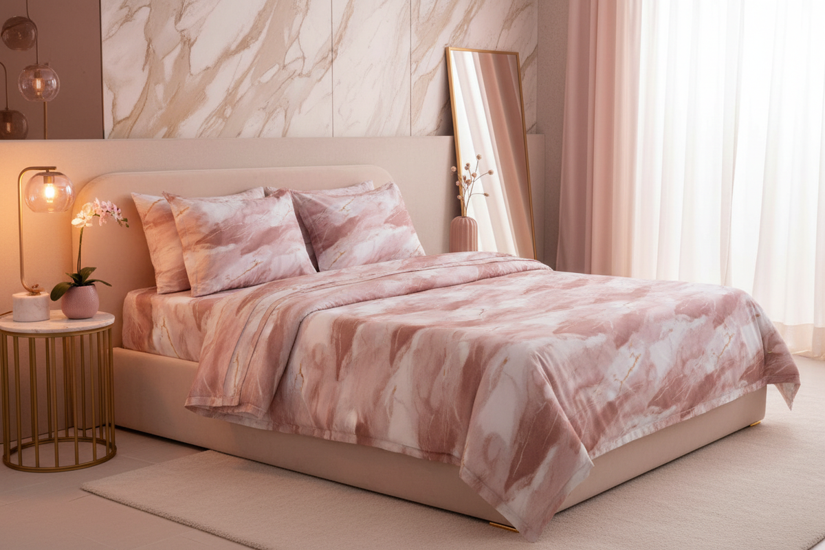 Marble Texture Pink Rose Bedsheet Set styled on king bed