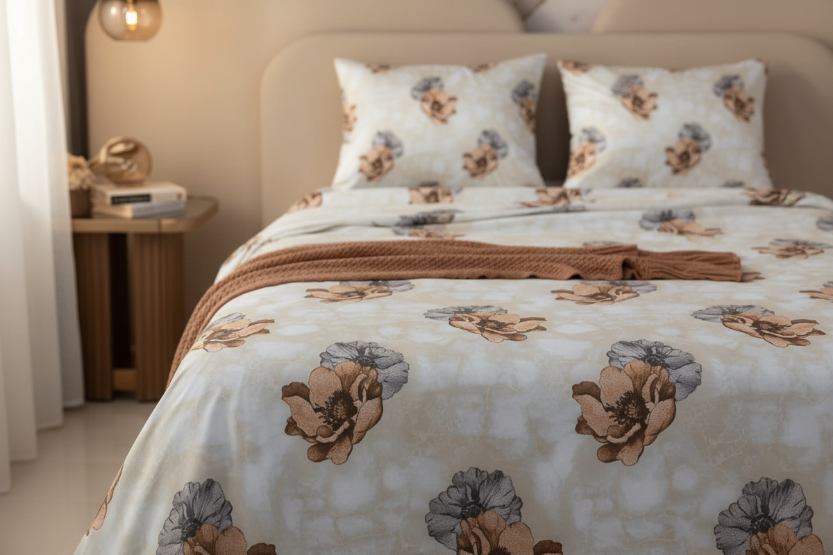 Marble Texture Floral Grey Copper Bedsheet Set close-up lifestyle