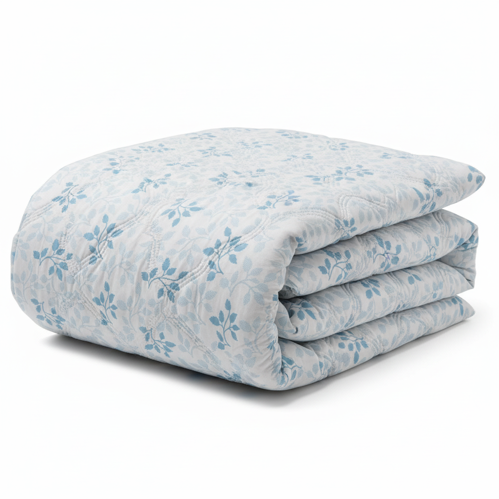 Close-up of Royce Blue Leaf Comforter showing blue leaf print and quilted wave texture
