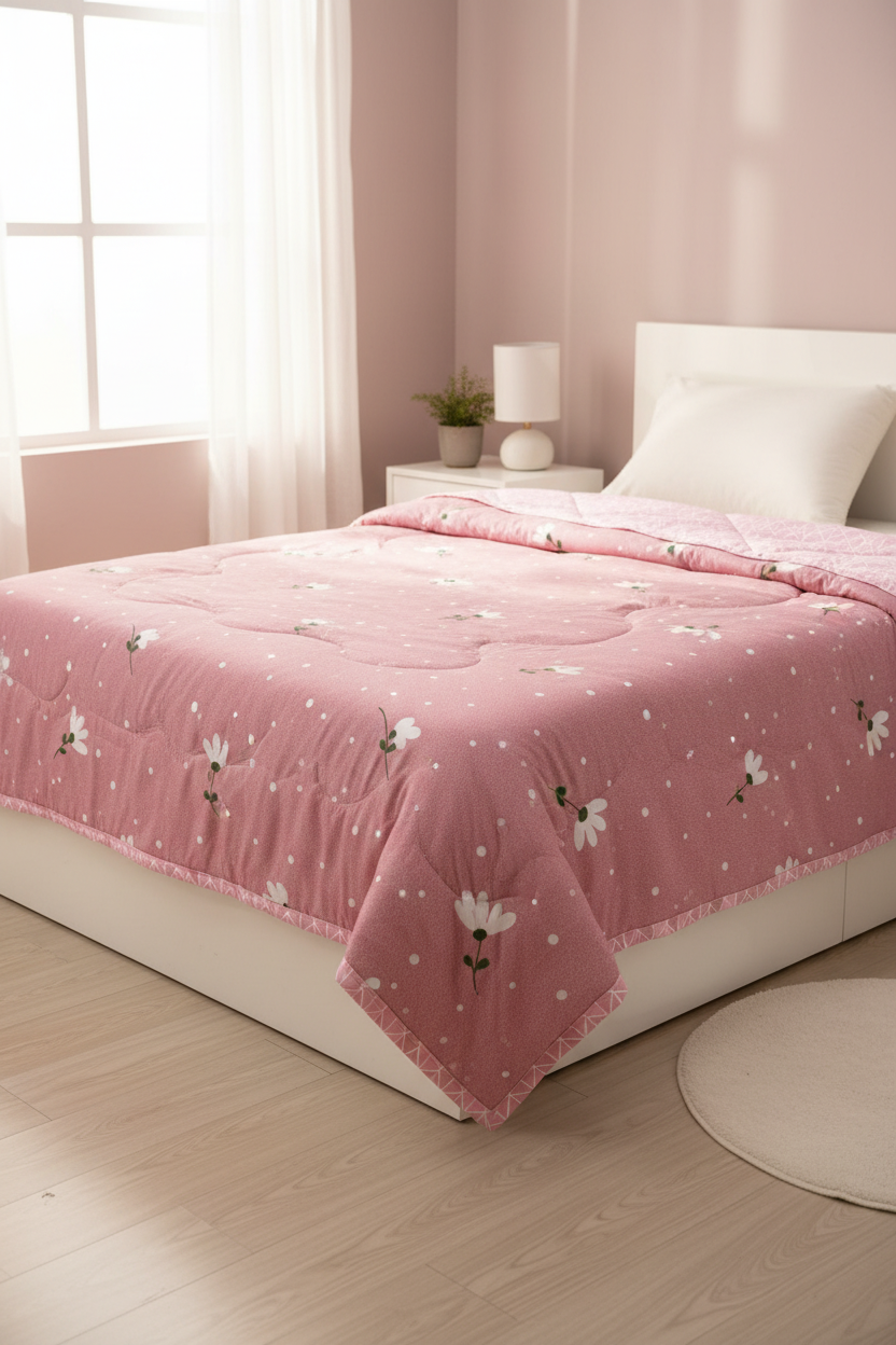 Royce Pink Daisy Comforter styled in a bright cheerful bedroom