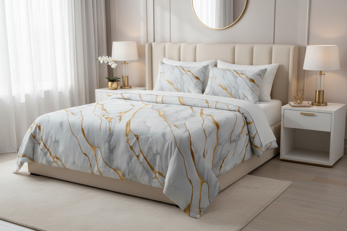 Marble Texture White Gold Bedsheet Set styled on king bed