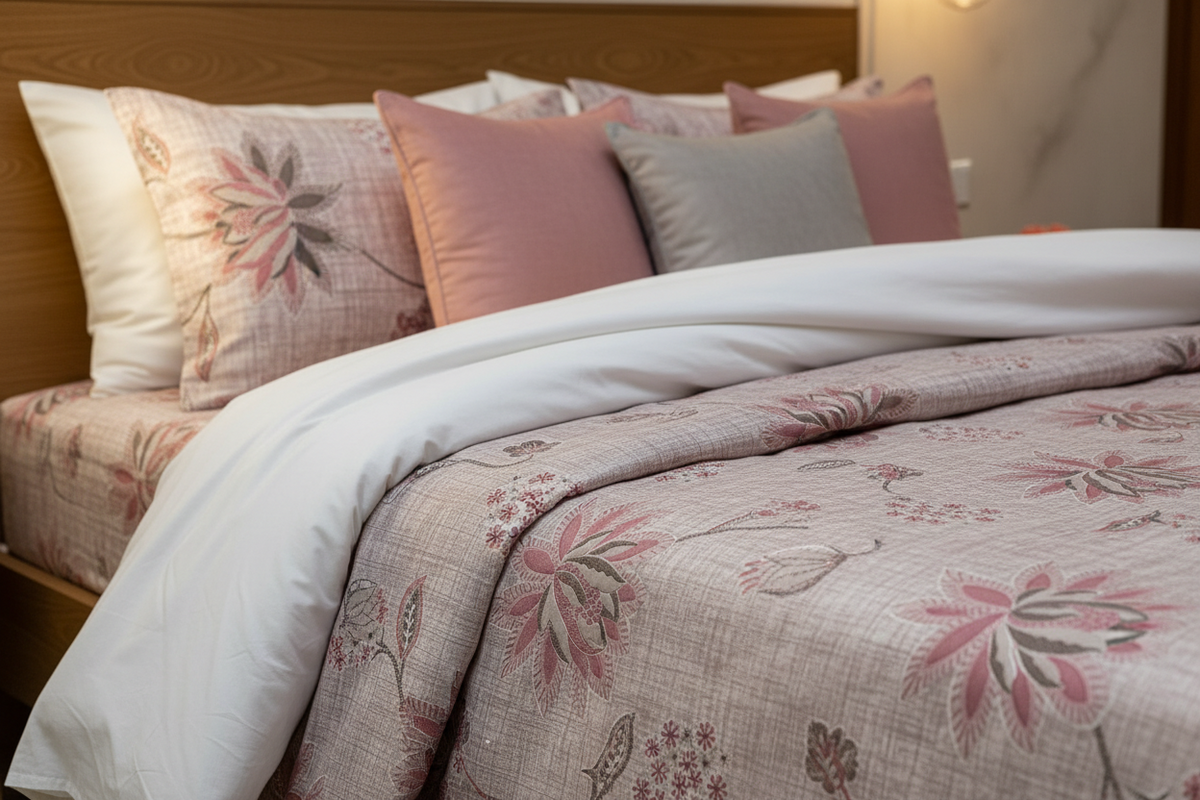 Toshiba Mercerised Cotton Botanical Floral Blush Pink Bedsheet Set