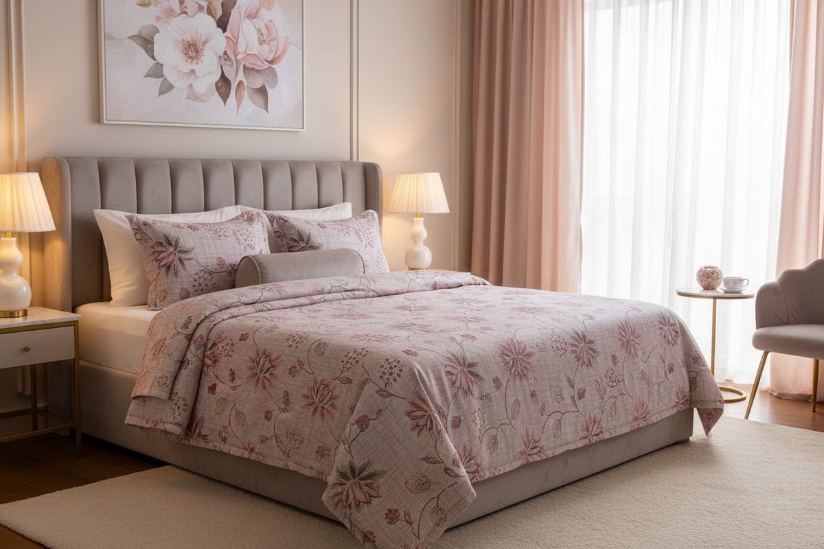 Toshiba Mercerised Cotton Botanical Floral Blush Pink Bedsheet Set